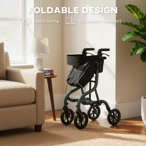 Foldable rollator walker with seat for seniors, lightweight with wheels, and adjustable handles, green