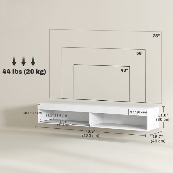 Modern wall-mounted TV unit with storage and LED lighting for TVs up to 75 inches, white