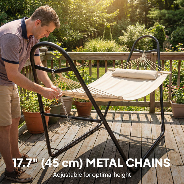 Hammock with Stand, Heavy Duty Camping Hammock with Detachable Pillow and Spreader Bar, 264 lbs Capacity, Cream White