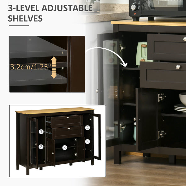 Sideboard with 2 drawers, 3 storage spaces, glass doors and adjustable shelves, dark brown