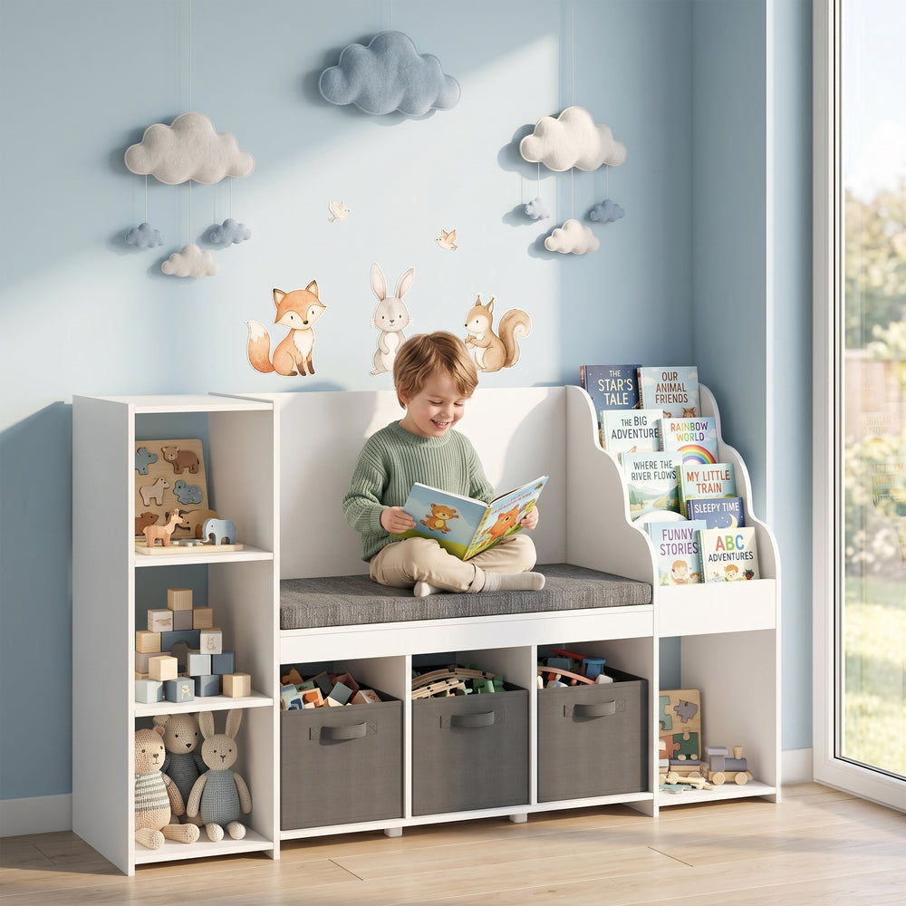Storage unit with reading nook and seat cushion, 3 fabric drawers, white