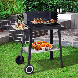 Charcoal barbecue with side shelves, storage shelf and wheels