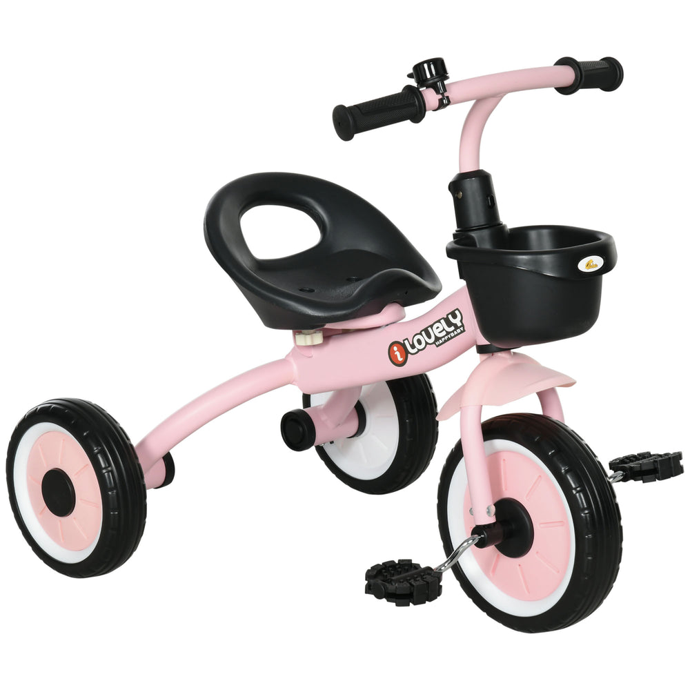 Tricycle with adjustable seat, basket, bell, pink