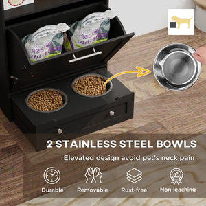 Black food storage cabinet with elevated bowls