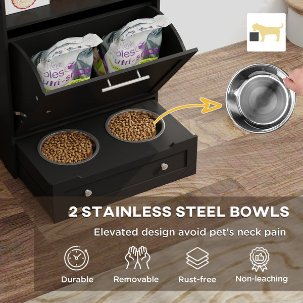 Black food storage cabinet with elevated bowls