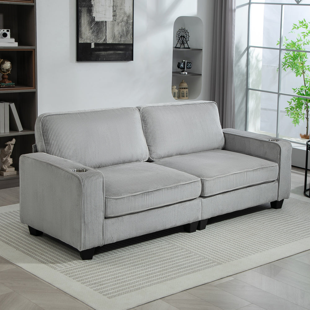 3-seater fabric sofa with spring cushion and cup holders, light grey