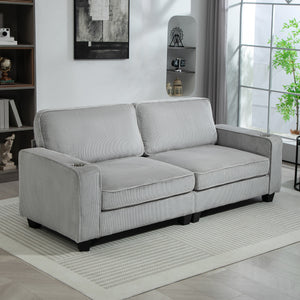 3-seater fabric sofa with spring cushion and cup holders, light grey