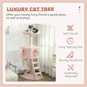 119cm high cat tree with niche, ladder, scratching posts and hanging ball, pink