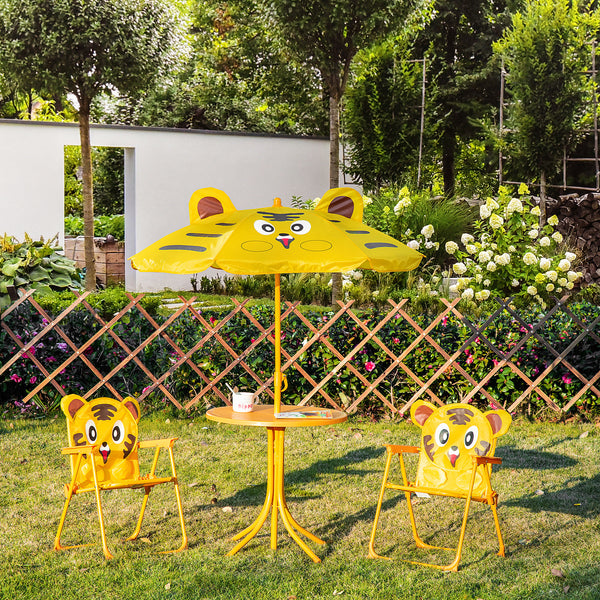 Kids Folding Picnic Table and Chair Set Pattern Outdoor Garden Patio Backyard with Removable & Height Adjustable Sun Umbrella Yellow