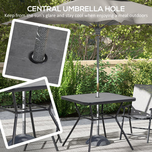 Square outdoor table with faux marble top and umbrella hole, dark gray