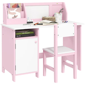 Kids Desk and Chair Set with Whiteboard, Storage and Shelves, Pink