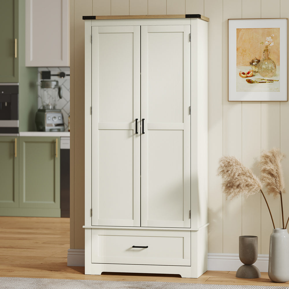 Farmhouse-style kitchen cabinet with 2 doors, 1 drawer, and adjustable shelves, cream white