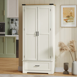 Farmhouse-style kitchen cabinet with 2 doors, 1 drawer, and adjustable shelves, cream white