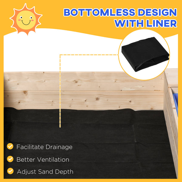 Wooden sandbox with folding bench, 2 plastic trays and bottom liner
