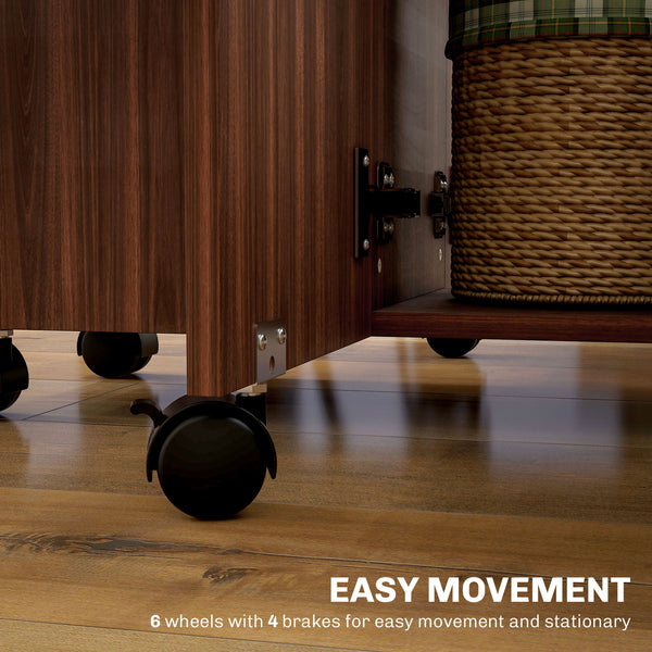 Drop-leaf dining table on casters with drawers, brown