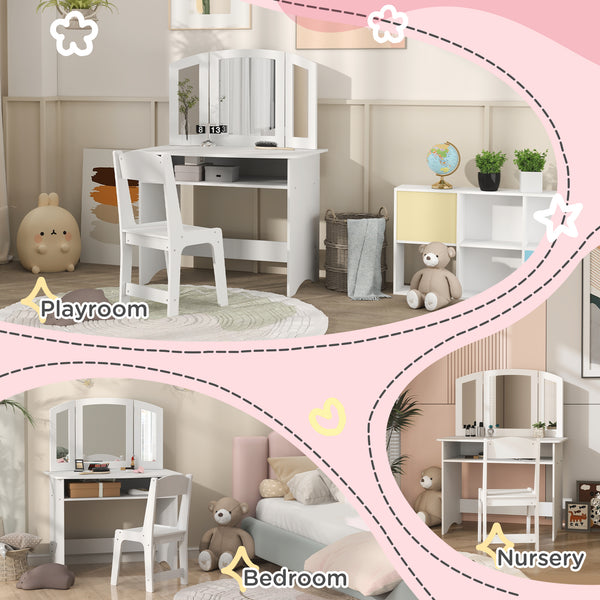 2-in-1 Dressing Table with Tri-Folding Mirror, Stool and Storage Shelf, White