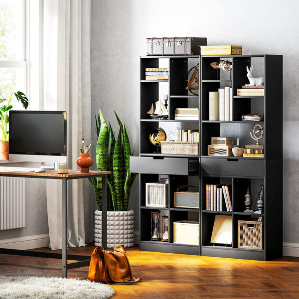 Tall bookcase with drawer, black