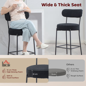 Set of 2 upholstered bar stools with backrest and footrest, black