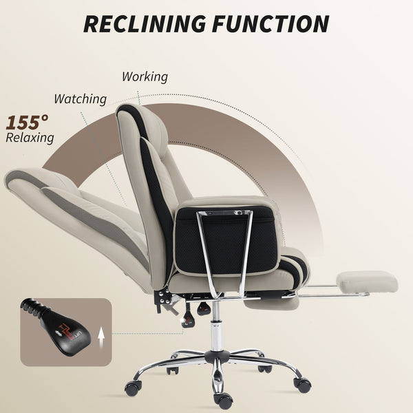 Upholstered reclining office chair with high back, faux leather upholstery, footrest, swivel casters, grey