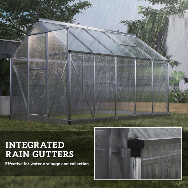 Polycarbonate greenhouse with gutter, vents and sliding door, silver color