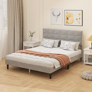 Queen Size Bed Base with Upholstered Headboard, Gray