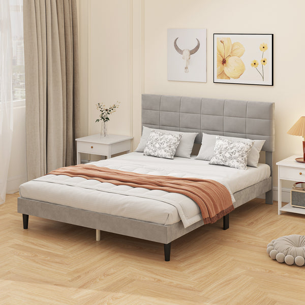 Queen Size Bed Base with Upholstered Headboard, Gray