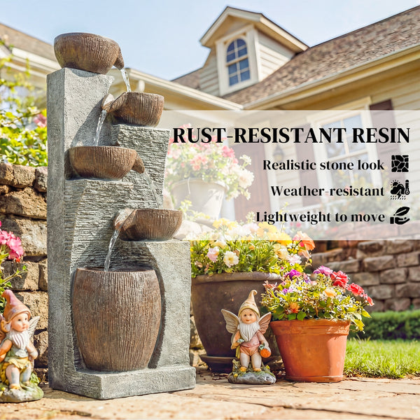 Outdoor cascading stone fountain, 5 tiers, LED lighting, adjustable flow, rustic gray and brown