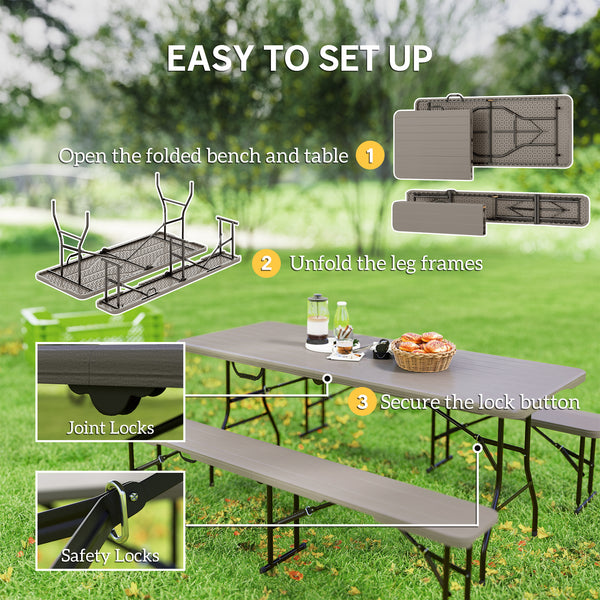 Foldable camping table and benches set with carry handles, brown