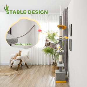 Cat tree with adjustable height from 229 to 274 cm, scratching posts, hammock, lounger and play ball, light gray