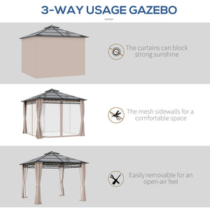 10 x 10 gazebo with double PC rigid roof, steel frame, netting and curtains