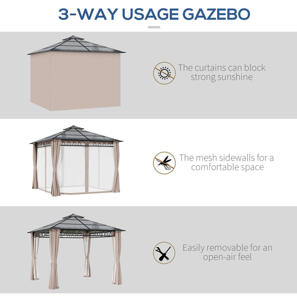 10 x 10 gazebo with double PC rigid roof, steel frame, netting and curtains