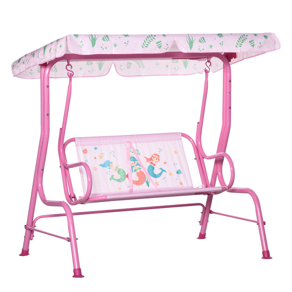2-Seat Kids Porch Swing Chair, Children Outdoor Patio Furniture Lounge Chair for Garden, with Adjustable Canopy, Seat Belt, Mermaid Pattern, for 3-6 Years Old, Pink