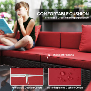 7 Piece Wicker Patio Sectional Set, Wine Red