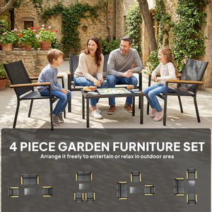 4-piece garden furniture set with sofa and tempered glass coffee table, black.
