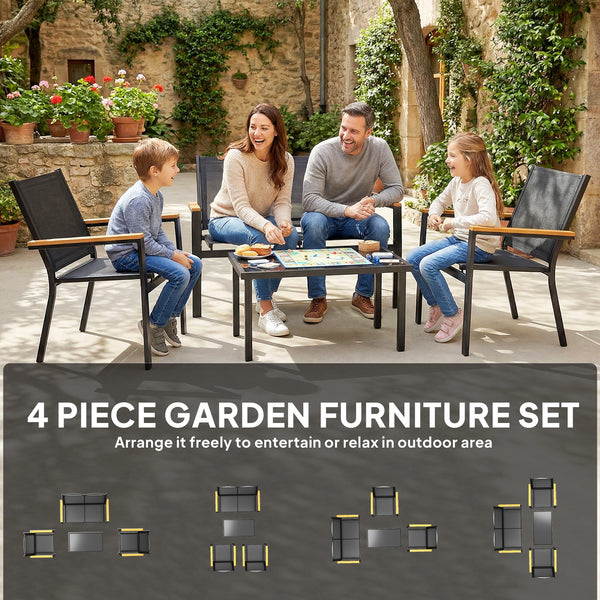 4-piece garden furniture set with sofa and tempered glass coffee table, black.