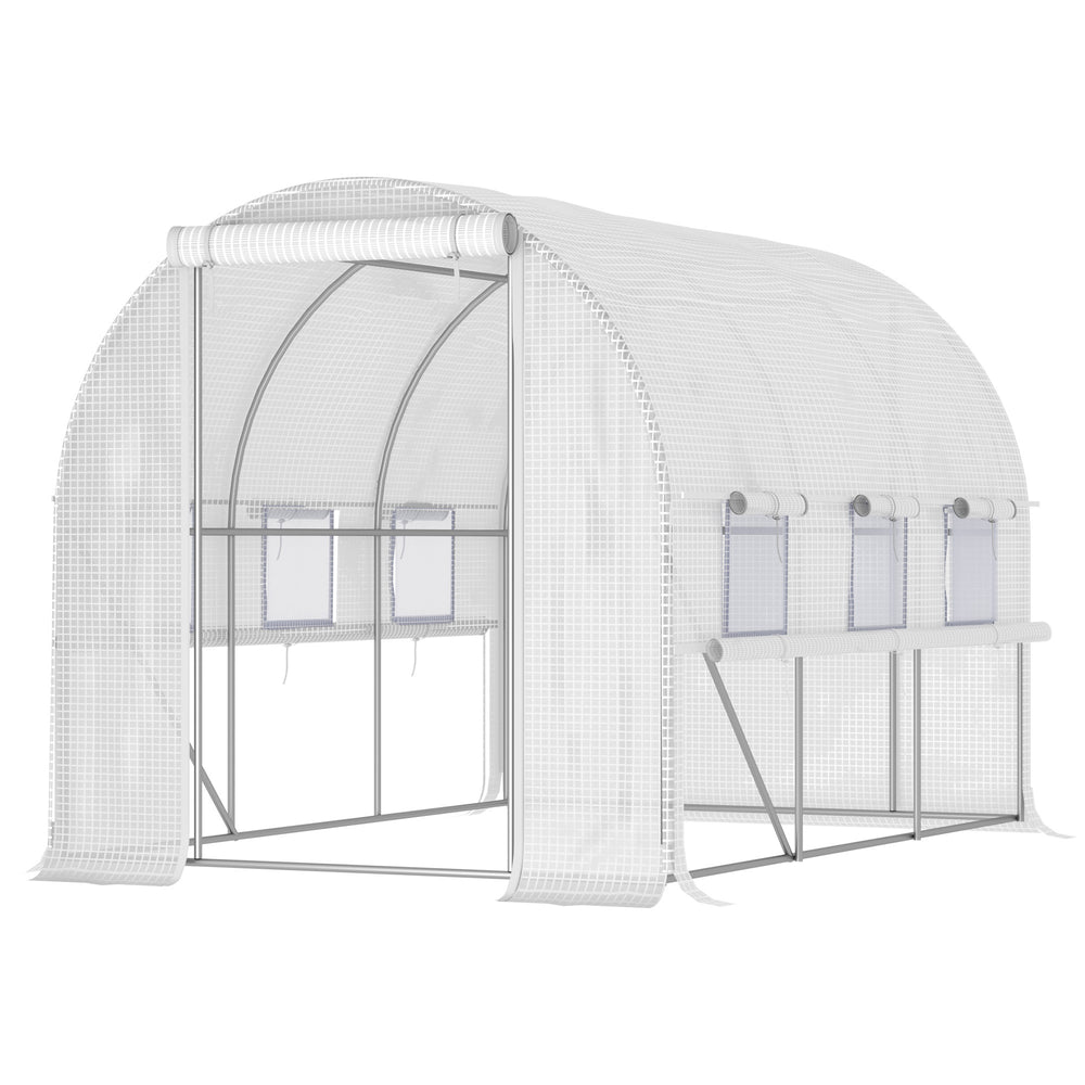 Tunnel greenhouse with roll-up side panels, high-quality polyethylene cover, white
