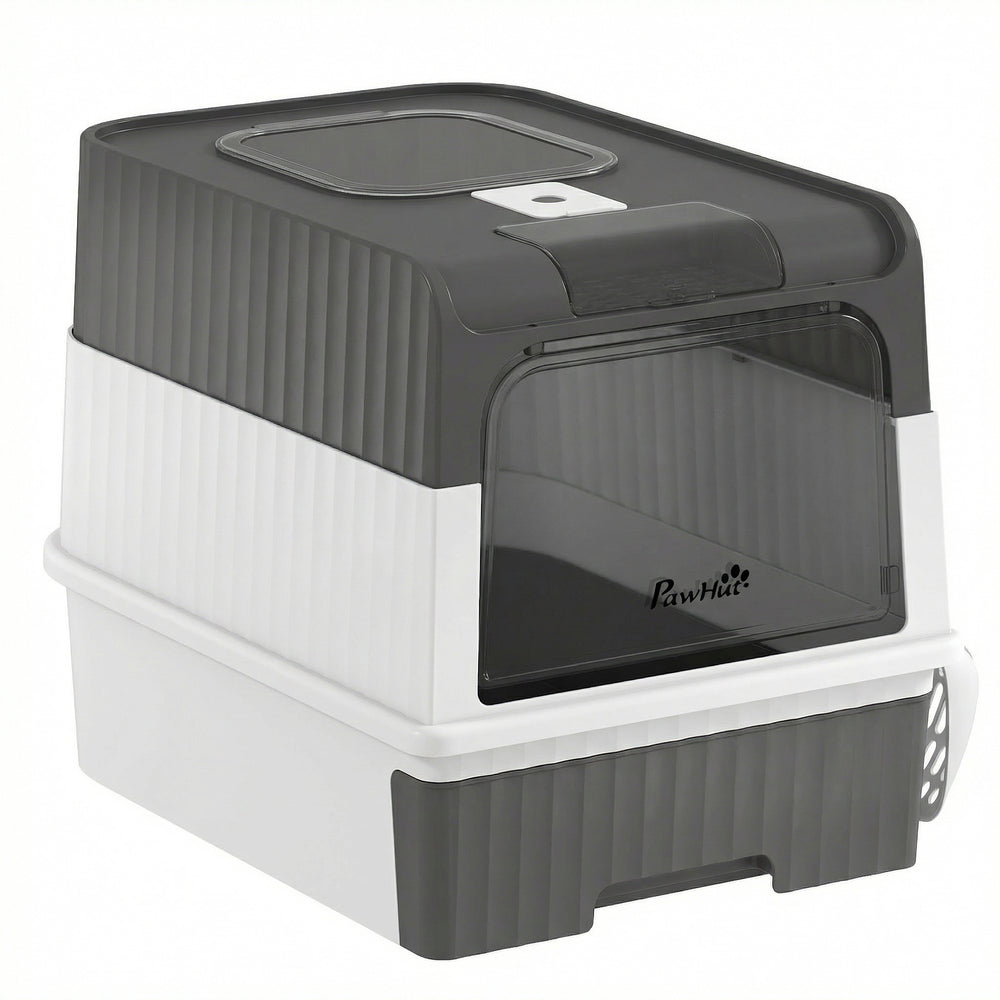 Enclosed litter box with drawer and top entry, grey