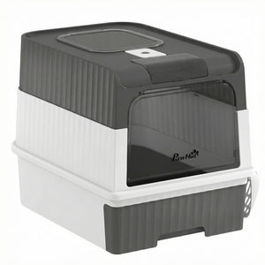 Enclosed litter box with drawer and top entry, grey