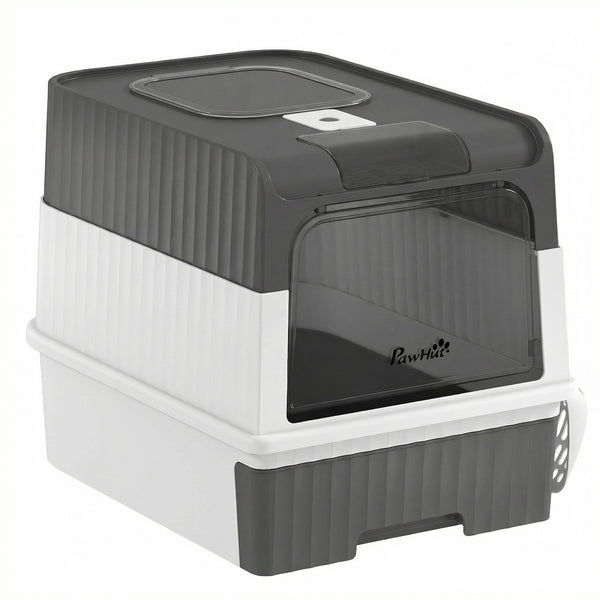Enclosed litter box with drawer and top entry, grey