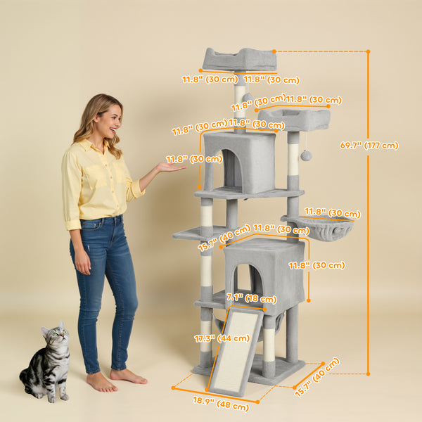 178cm Multi-Level Cat Tree with 2 Cabins, 2 Beds, Hammock, Play Balls, Light Grey