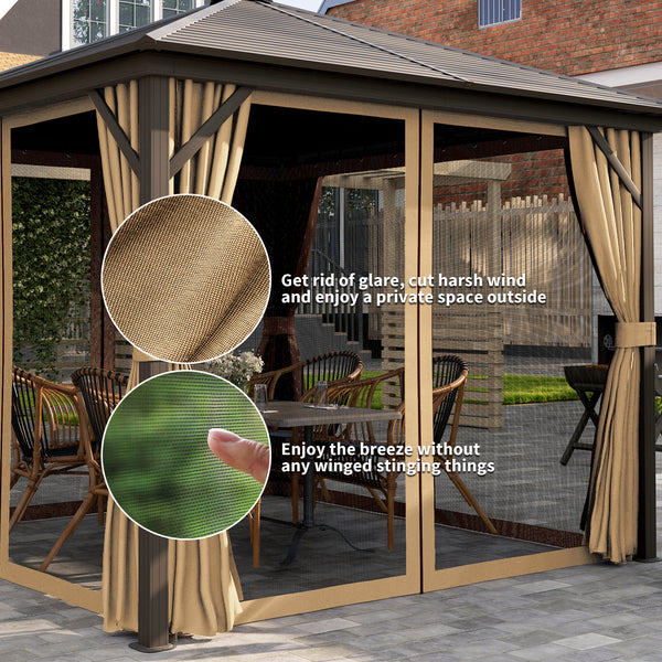 10' x 10' Aluminum Hardtop Gazebo with Mosquito Netting, Curtains and Hanging Hook, Brown