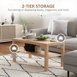 Two-tier coffee table with storage shelf, natural wood color