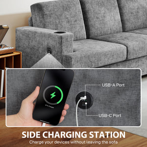 3-seater sofa with USB ports and cup holders, gray