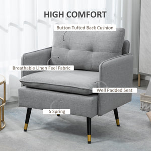 Modern upholstered accent chair with tufted back and steel legs, gray