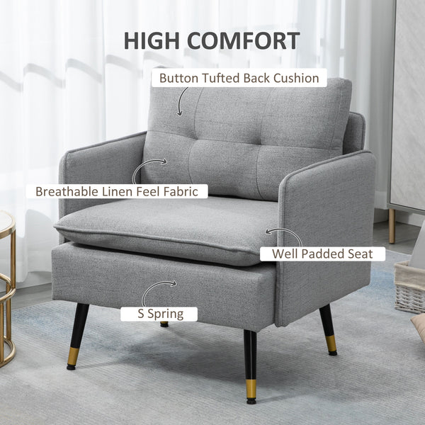 Modern upholstered accent chair with tufted back and steel legs, gray