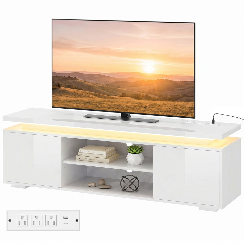TV stand for TVs up to 60 inches with LED lighting and power outlets, high-gloss white