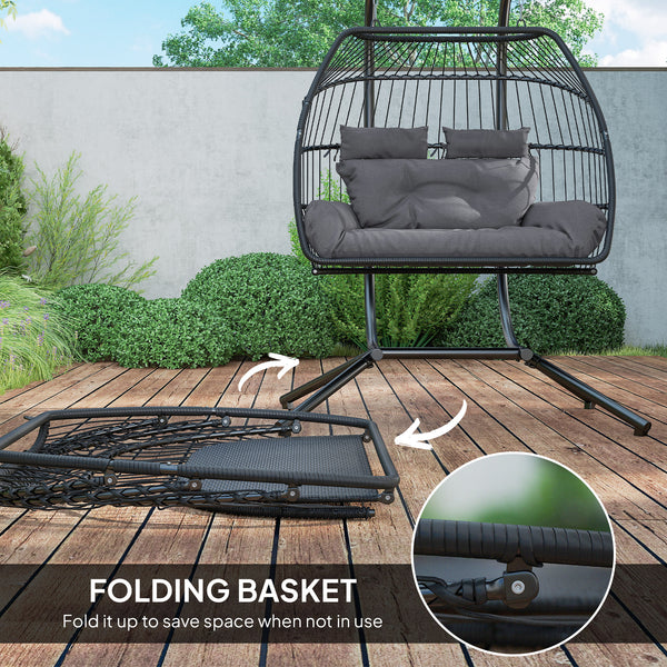 Double wicker swing with stand, foldable and hanging, UV-resistant cushion, headrest, dark gray