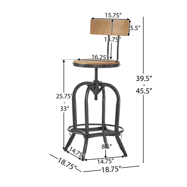 Rustic Fir Wood Bar Stool with Iron Legs, Swivel Footrest, Natural