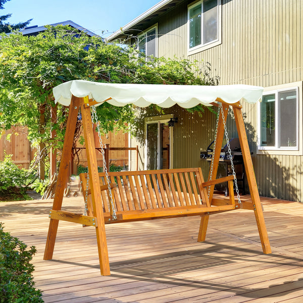 Swing seat with canopy, wooden outdoor bench for garden, natural wood