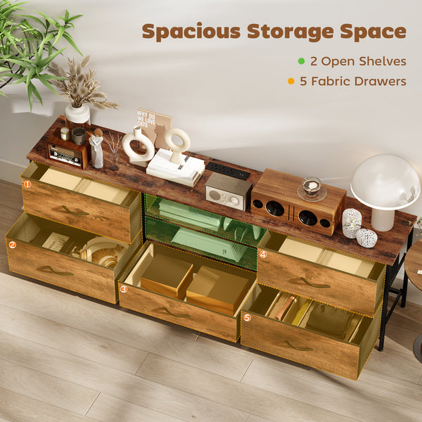 Industrial-style TV stand for TVs up to 70 inches, with charging station, 5 drawers and open shelves, rustic brown 